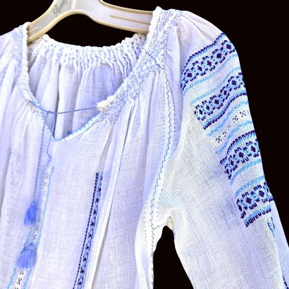 Vintage 60s 70s White Gauze Peasant Blouse Hand Embroidered Greek Balkan M - Picture 9 of 11